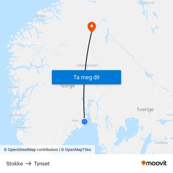 Stokke to Tynset map