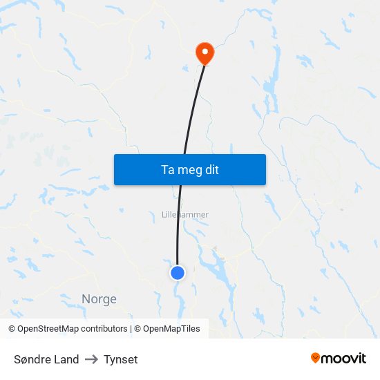 Søndre Land to Tynset map