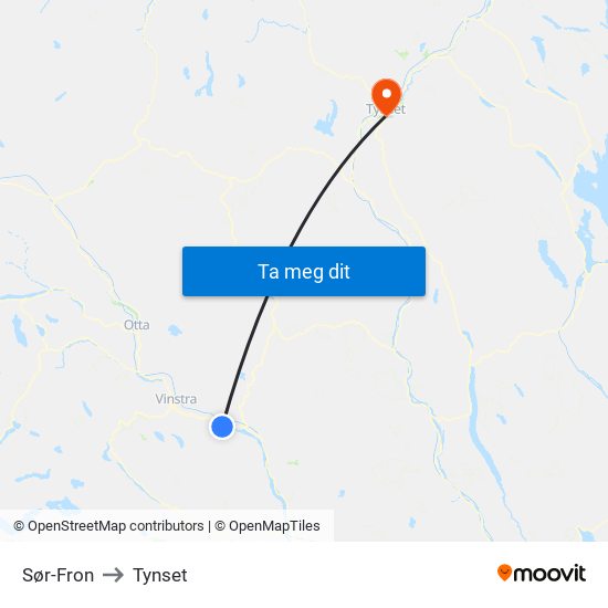 Sør-Fron to Tynset map