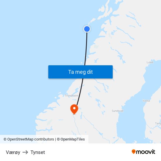 Værøy to Tynset map