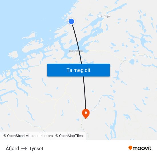 Åfjord to Tynset map