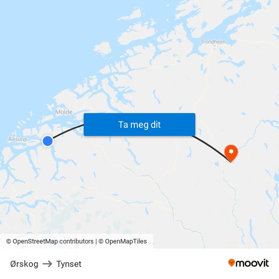 Ørskog to Tynset map