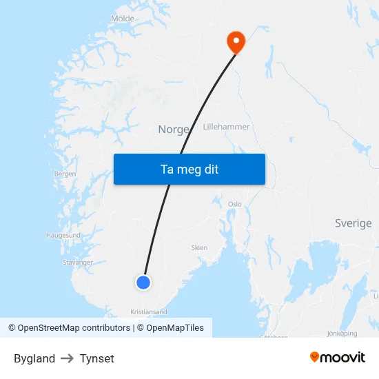 Bygland to Tynset map