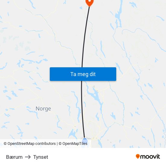 Bærum to Tynset map