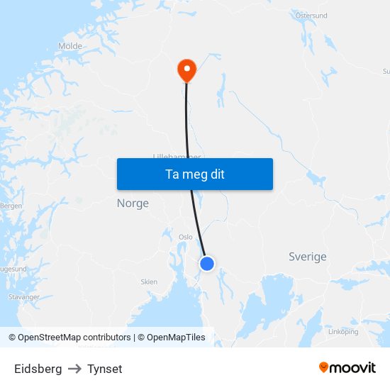 Eidsberg to Tynset map