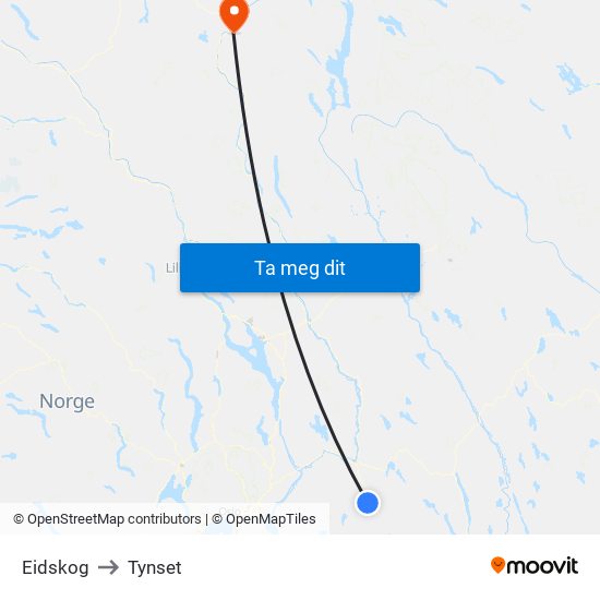 Eidskog to Tynset map