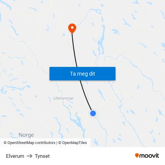 Elverum to Tynset map