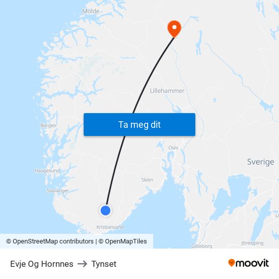 Evje Og Hornnes to Tynset map