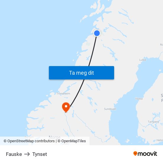 Fauske to Tynset map