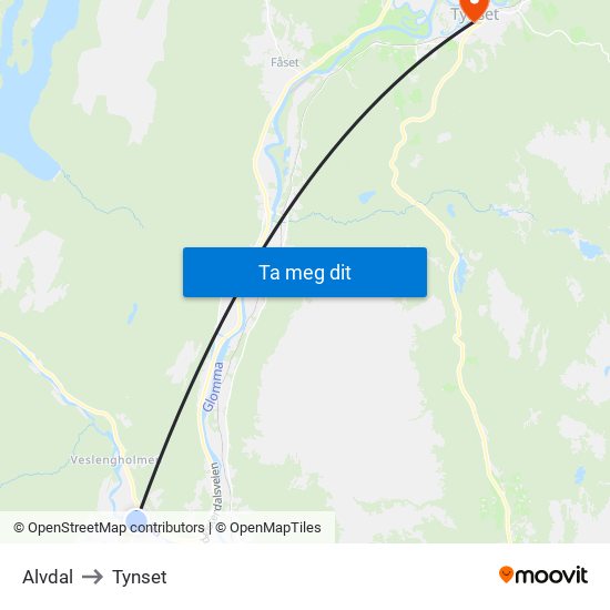 Alvdal to Tynset map