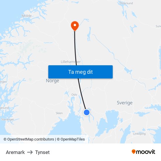 Aremark to Tynset map