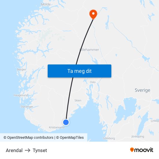 Arendal to Tynset map