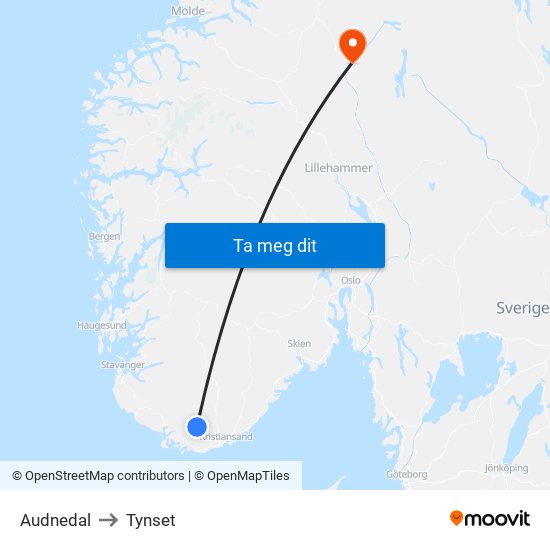 Audnedal to Tynset map