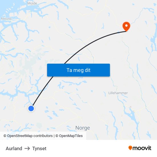 Aurland to Tynset map