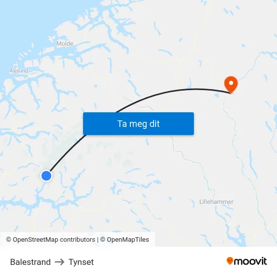 Balestrand to Tynset map