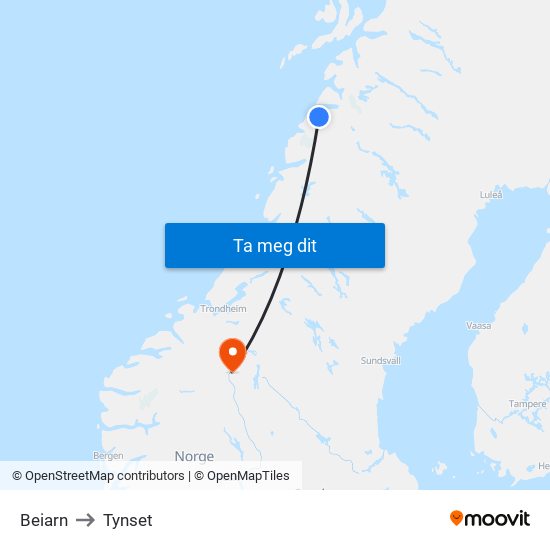 Beiarn to Tynset map