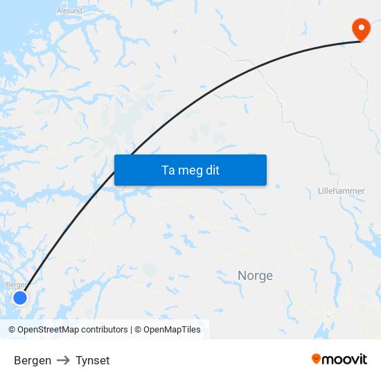 Bergen to Tynset map