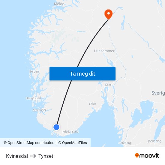 Kvinesdal to Tynset map