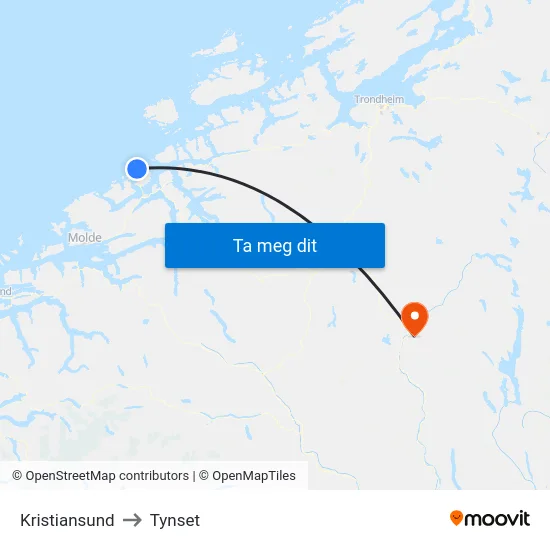 Kristiansund to Tynset map