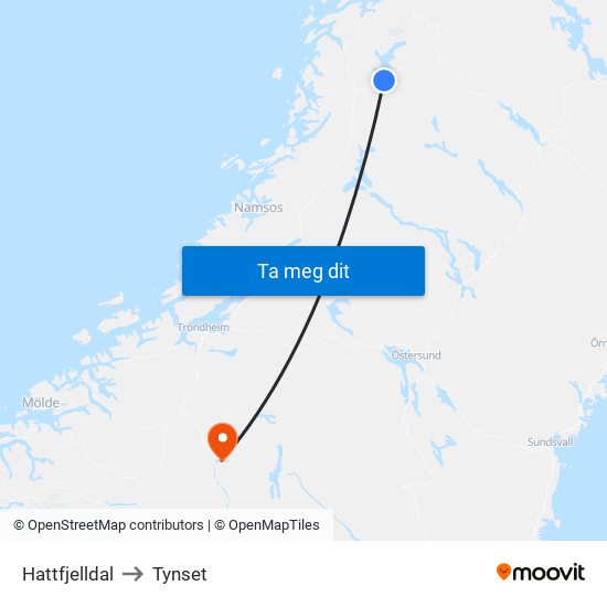 Hattfjelldal to Tynset map