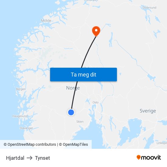 Hjartdal to Tynset map