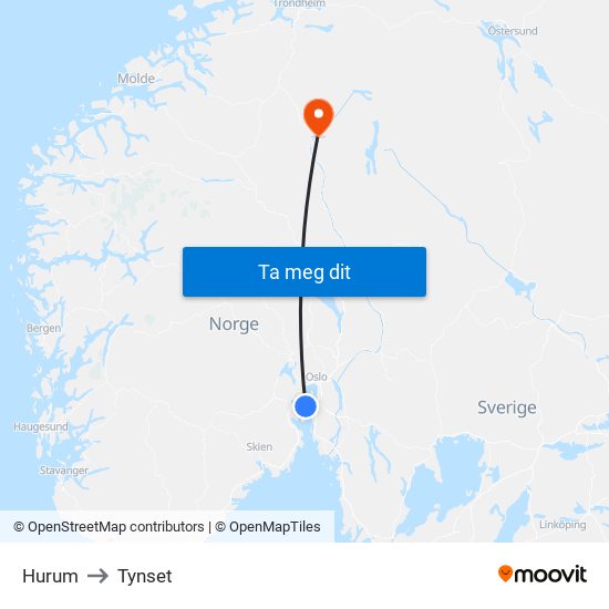 Hurum to Tynset map