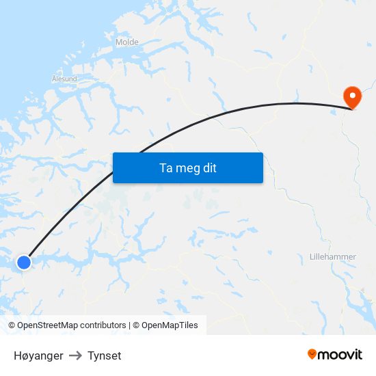 Høyanger to Tynset map