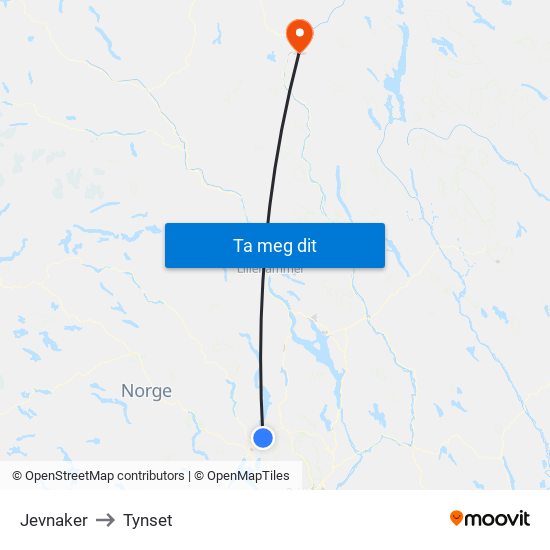 Jevnaker to Tynset map