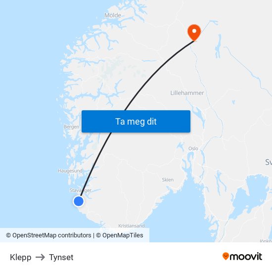 Klepp to Tynset map