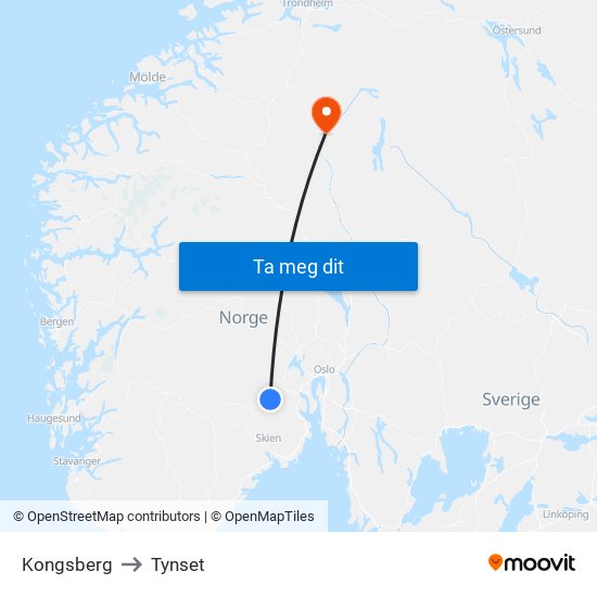 Kongsberg to Tynset map