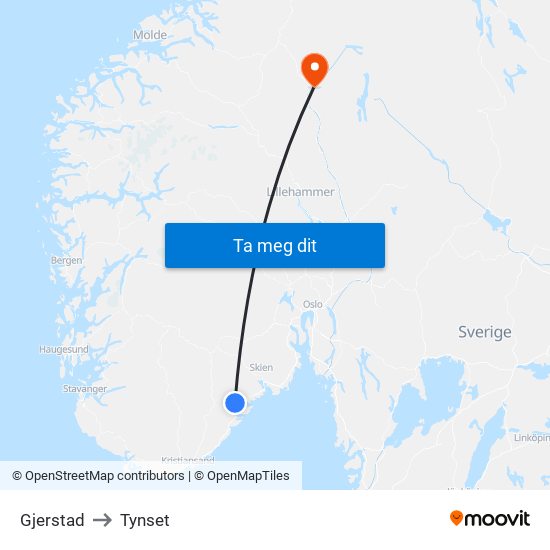 Gjerstad to Tynset map