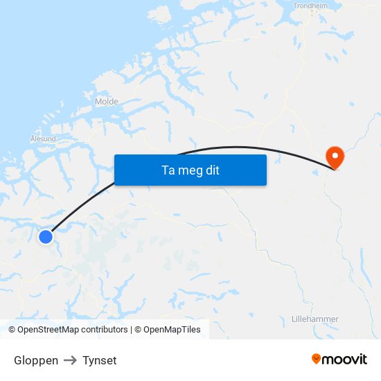 Gloppen to Tynset map