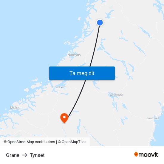 Grane to Tynset map