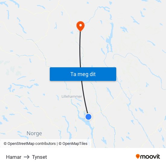 Hamar to Tynset map