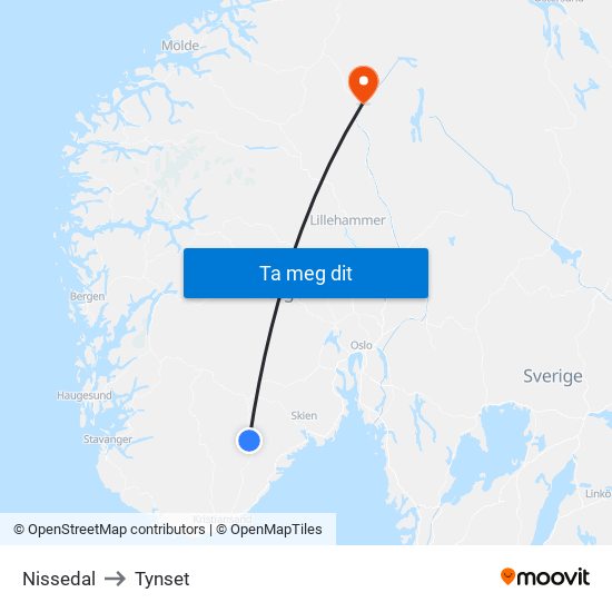 Nissedal to Tynset map