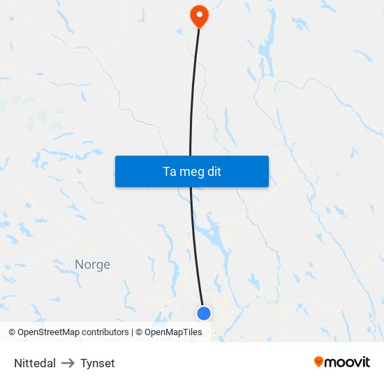 Nittedal to Tynset map