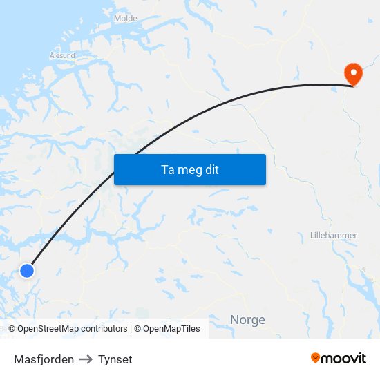 Masfjorden to Tynset map