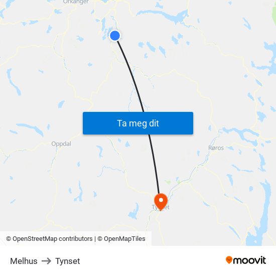 Melhus to Tynset map