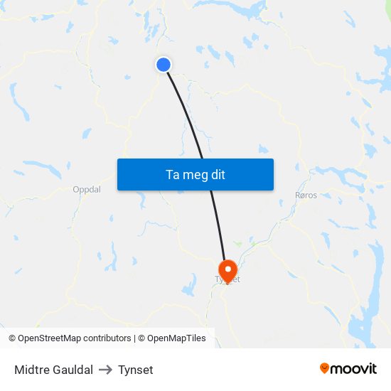 Midtre Gauldal to Tynset map