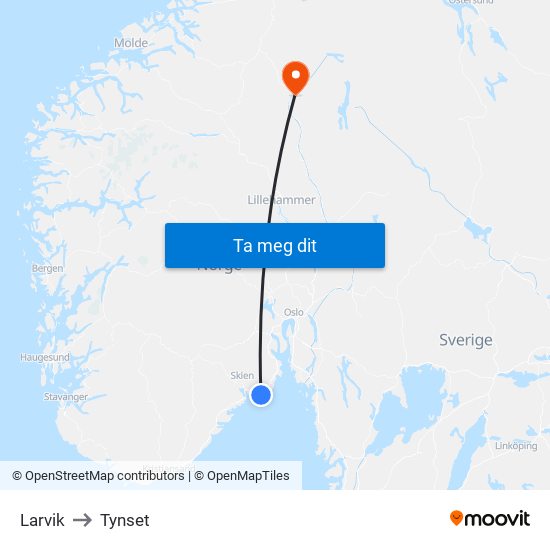 Larvik to Tynset map