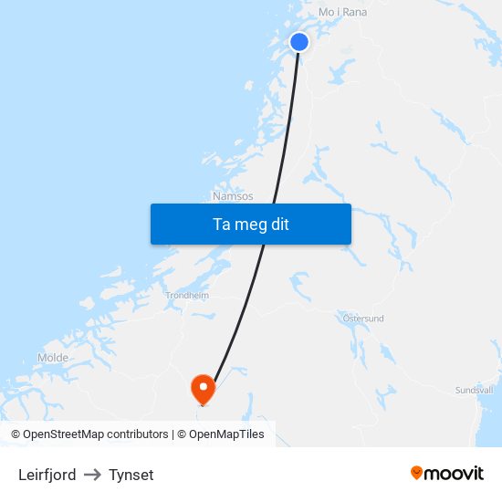 Leirfjord to Tynset map