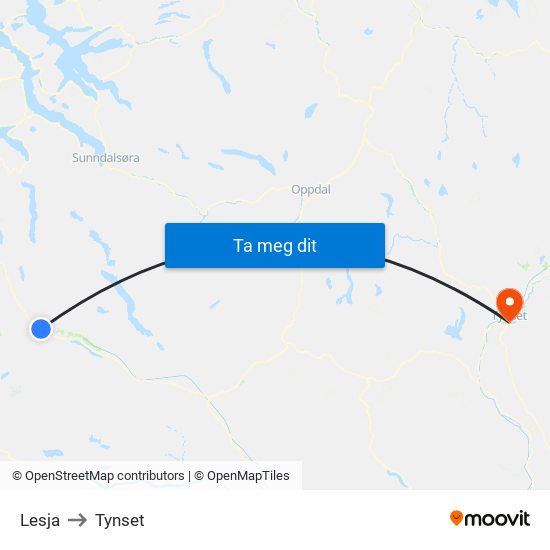 Lesja to Tynset map