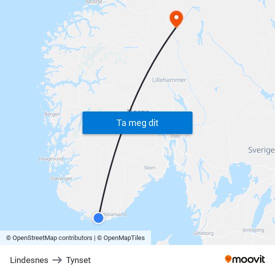 Lindesnes to Tynset map