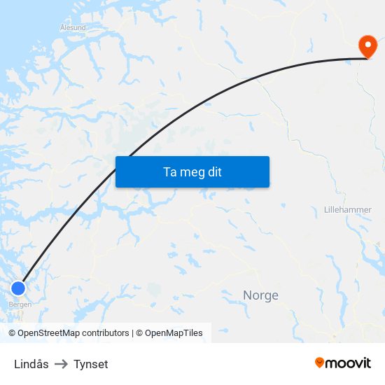 Lindås to Tynset map