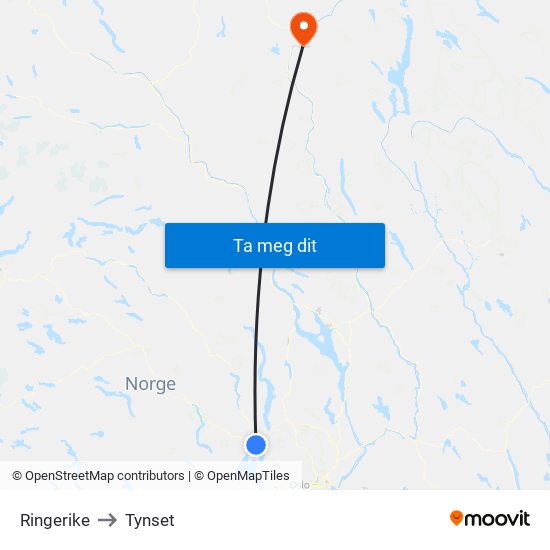 Ringerike to Tynset map