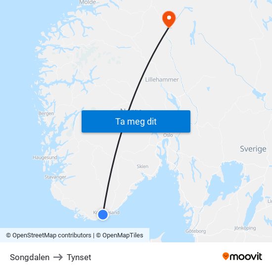 Songdalen to Tynset map