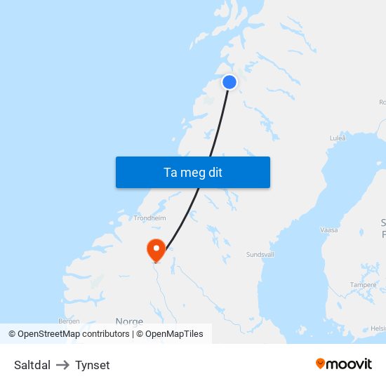 Saltdal to Tynset map