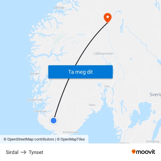 Sirdal to Tynset map