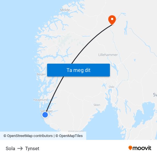 Sola to Tynset map