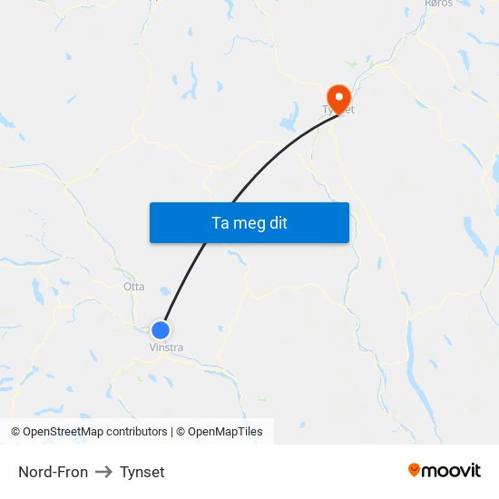 Nord-Fron to Tynset map